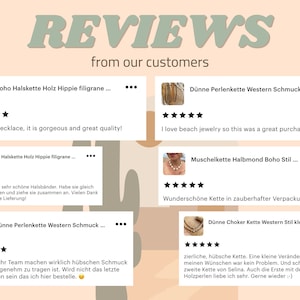 Pu&ograve; includere: Grafica beige con la parola &laquo;REVIEWS&raquo; e testimonianze dei clienti. Le recensioni, in tedesco e inglese, presentano valutazioni a stelle e commenti su collane e gioielli.