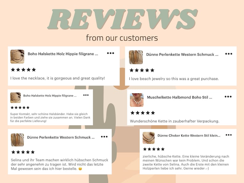 Pu&ograve; includere: Grafica beige con la parola &laquo;REVIEWS&raquo; e testimonianze dei clienti. Le recensioni, in tedesco e inglese, presentano valutazioni a stelle e commenti su collane e gioielli.