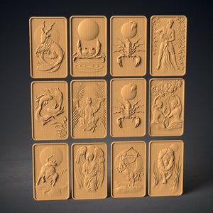 May include: Twelve wooden plaques with zodiac signs carved into them. Each plaque features a different zodiac sign, including Capricorn, Cancer, Scorpio, Aquarius, Virgo, Sagittarius, Taurus, Libra, Gemini, Leo, Aries, and Pisces.