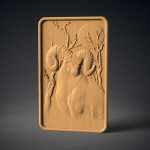 May include: A wooden carving of a ram's head with large horns, set against a background of trees and a full moon.