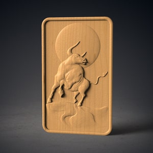 May include: A wooden plaque with a carved image of a bull standing on a hill with a full moon behind it.