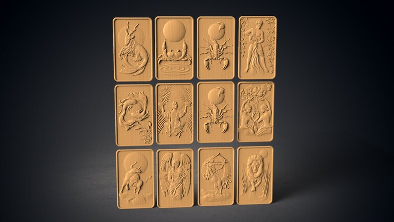 May include: Twelve wooden plaques with zodiac signs carved into them. Each plaque features a different zodiac sign, including Capricorn, Cancer, Scorpio, Aquarius, Virgo, Sagittarius, Taurus, Libra, Gemini, Leo, Aries, and Pisces.