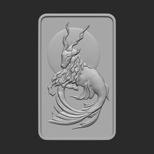 May include: A silver bar with a detailed relief sculpture of a sea goat, a mythical creature with the head and forelegs of a goat and the tail of a fish. The sea goat is depicted swimming in a circle, with its head turned to the side. The sculpture is set against a background of a circular moon.