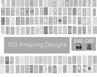 May include: A collection of 120 black and white intricate designs for laser cutting. The designs are in the shape of doors and windows. The text "SVG DXF" and icons for SVG and DXF files are displayed below the designs.