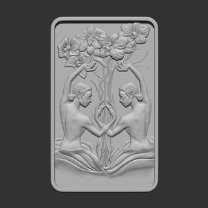 May include: A 3D relief sculpture of two figures standing back to back, with their arms raised, holding a bouquet of flowers. The figures are nude and have long hair. The sculpture is set against a plain background.