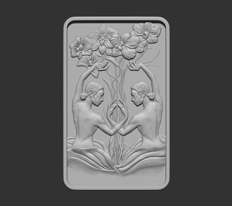May include: A 3D relief sculpture of two figures standing back to back, with their arms raised, holding a bouquet of flowers. The figures are nude and have long hair. The sculpture is set against a plain background.