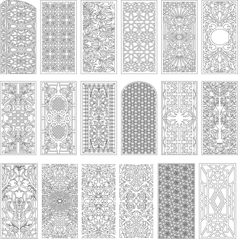 May include: A set of 18 black and white decorative laser cut designs. The designs feature intricate patterns and geometric shapes. These designs are perfect for creating unique and stylish home decor.