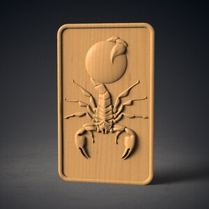 May include: A wooden plaque with a carved scorpion design. The scorpion is in a raised relief, with its tail curled up over its head.