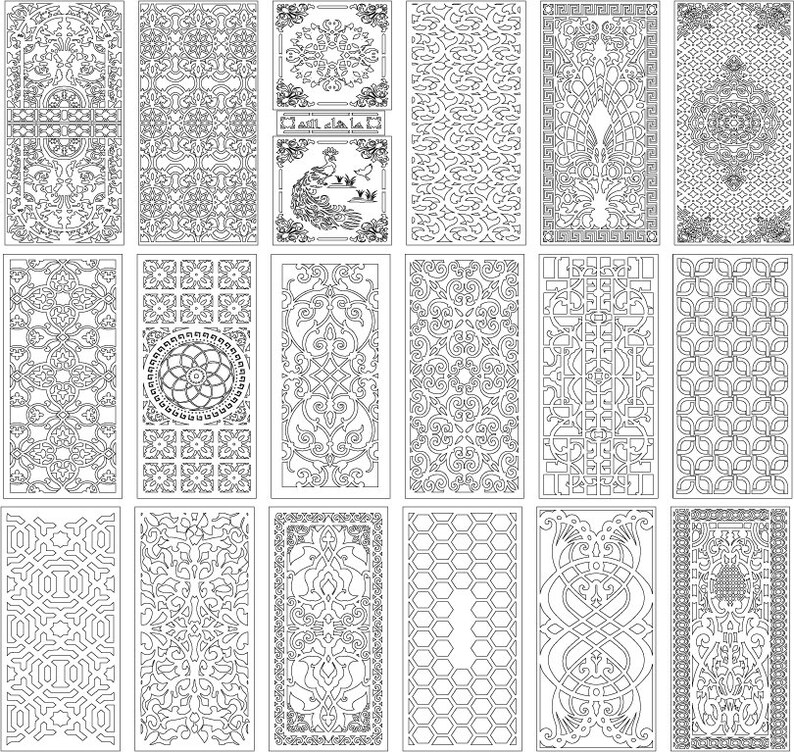 May include: A set of 18 black and white intricate laser cut designs. The designs feature various geometric patterns, floral motifs, and abstract shapes. These designs are perfect for creating decorative screens, wall art, or other craft projects.