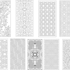 May include: A set of ten black and white digital laser cut designs featuring intricate geometric patterns and floral motifs. These designs are perfect for creating decorative screens, room dividers, or wall art.