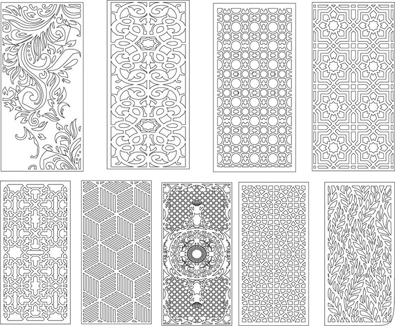 May include: A set of ten black and white digital laser cut designs featuring intricate geometric patterns and floral motifs. These designs are perfect for creating decorative screens, room dividers, or wall art.