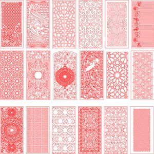May include: A set of 15 red laser cut designs for decorative screens or panels. The designs feature geometric patterns, floral motifs, and abstract shapes.