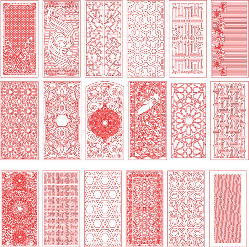 May include: A set of 15 red laser cut designs for decorative screens or panels. The designs feature geometric patterns, floral motifs, and abstract shapes.