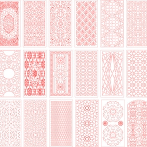 May include: A set of 16 different laser cut designs, featuring intricate geometric patterns and floral motifs. The designs are in a red outline on a white background.