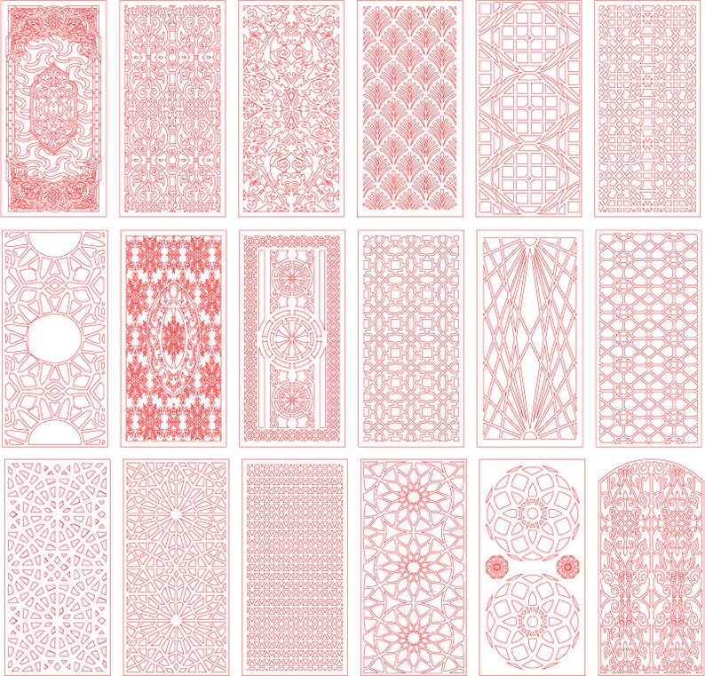 May include: A set of 16 different laser cut designs, featuring intricate geometric patterns and floral motifs. The designs are in a red outline on a white background.