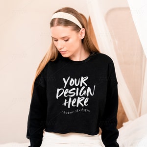 Bella Canvas Sweatshirt Mockup | Black Sweatshirt Mock Up | Bella Canvas 7503 Cropped Sweatshirt Mockup | Model Mockup | Bella Canvas Mockup