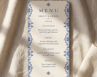Personalisiertes Hochzeitsmenü | Luxus Blaues italienisches Briefpapier | Gedrucktes Empfangstischmenü | Maiolica Kollektion