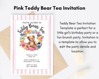 Teddy Bear Tea Editable Invitation Template with Pink Stripes