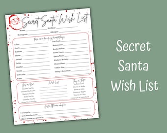 May include: A printable Secret Santa wish list with a red and white colour scheme. The list includes sections for personal information, favourite things, wish list items, and a "this or that" section. The list is decorated with red splatters.