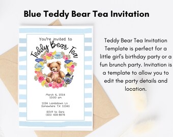 Teddy Bear Tea Party Editable Invitation Template with Blue Stripes
