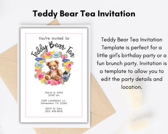 Teddy Bear Tea Invitation Editable Template