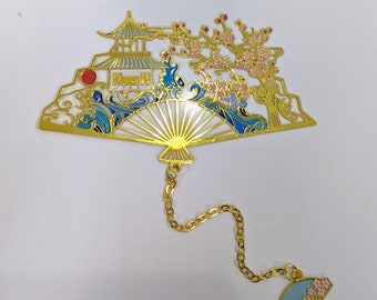 Vintage Asian Fan Bookmark: Gold Tone Metal, Birds