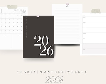 Yearly, Monthly, and Weekly Planner 2026 Calendar 8.5" x 11" Letter size for Digital Notebooks, GoodNotes, Print-ready PDF
