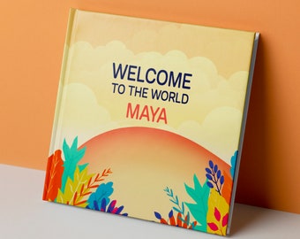 Könnte beinhalten: Ein gelbes Buch mit dem Text "Willkommen auf der Welt Maya" und bunten Illustrationen von Blättern.