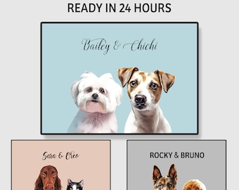 Op de afbeelding: Drie digitale illustraties van twee huisdieren elk. De bovenste afbeelding toont een witte hond en een bruin-witte hond met de tekst "Bailey & Chichi". De middelste afbeelding toont een bruine hond en een zwart-witte kat met de tekst "Sara & Creo". De onderste afbeelding toont een bruin-zwarte hond en een bruine hond met de tekst "ROCKY & BRUNO".