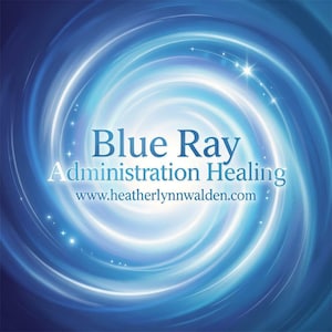 May include: A square graphic featuring a swirling vortex of deep blue and bright white light. Centered text reads Blue Ray Administration Healing with the website address www.heatherlynnwalden.com printed in white below the main title.