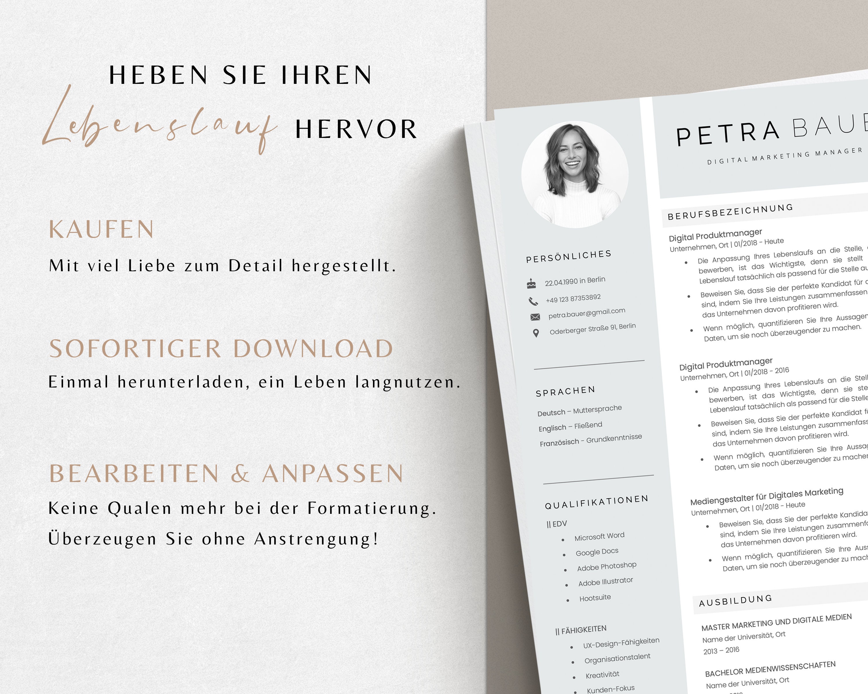 Bewerbungsvorlage Deutsch Lebenslauf Vorlage Word Und Pages - Etsy