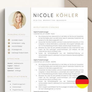 Könnte beinhalten: Ein Lebenslauf für eine Digital Marketing Managerin namens Nicole Kohler. Der Lebenslauf enthält persönliche Informationen, Berufserfahrung, Fähigkeiten und Sprachkenntnisse. Der Lebenslauf ist professionell gestaltet und enthält eine kleine deutsche Flagge.