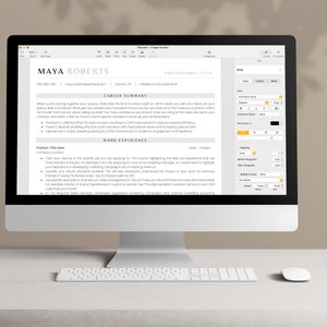 K&ouml;nnte beinhalten: Ein Computerbildschirm zeigt eine Lebenslaufvorlage mit einer Seitenleiste, die Formatierungsoptionen anzeigt. Der Lebenslauf ist f&uuml;r Maya Roberts und enth&auml;lt eine Karriere&uuml;bersicht und einen Abschnitt &uuml;ber Berufserfahrung. Die Seitenleiste enth&auml;lt Optionen f&uuml;r Schriftart, Gr&ouml;&szlig;e, Farbe, Abstand und Aufz&auml;hlungszeichen.