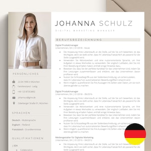 Könnte beinhalten: Eine Lebenslaufvorlage mit einem professionellen Porträt einer Frau. Der Lebenslauf ist in deutscher Sprache verfasst und enthält persönliche Informationen, Berufserfahrung, Fähigkeiten und Qualifikationen. Die Vorlage ist so konzipiert, dass sie optisch ansprechend und leicht lesbar ist.