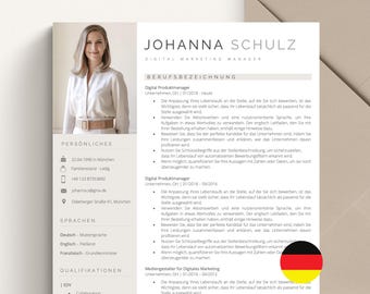 May include: A resume template with a professional headshot of a woman. The resume is in German and includes personal information, work experience, skills, and qualifications. The template is designed to be visually appealing and easy to read.