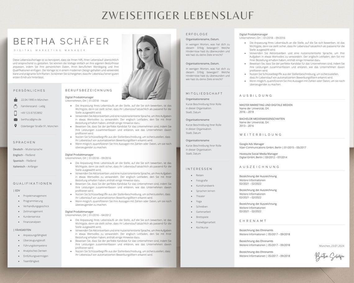 Modern German Resume Template for Microsoft Word & Mac Apple Pages ...