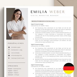 Könnte beinhalten: Ein Lebenslauf mit einem schwarz-weißen Design. Der Lebenslauf ist für Emilia Weber, Digital Marketing Manager. Der Lebenslauf enthält persönliche Informationen, Berufserfahrung und Sprachkenntnisse.