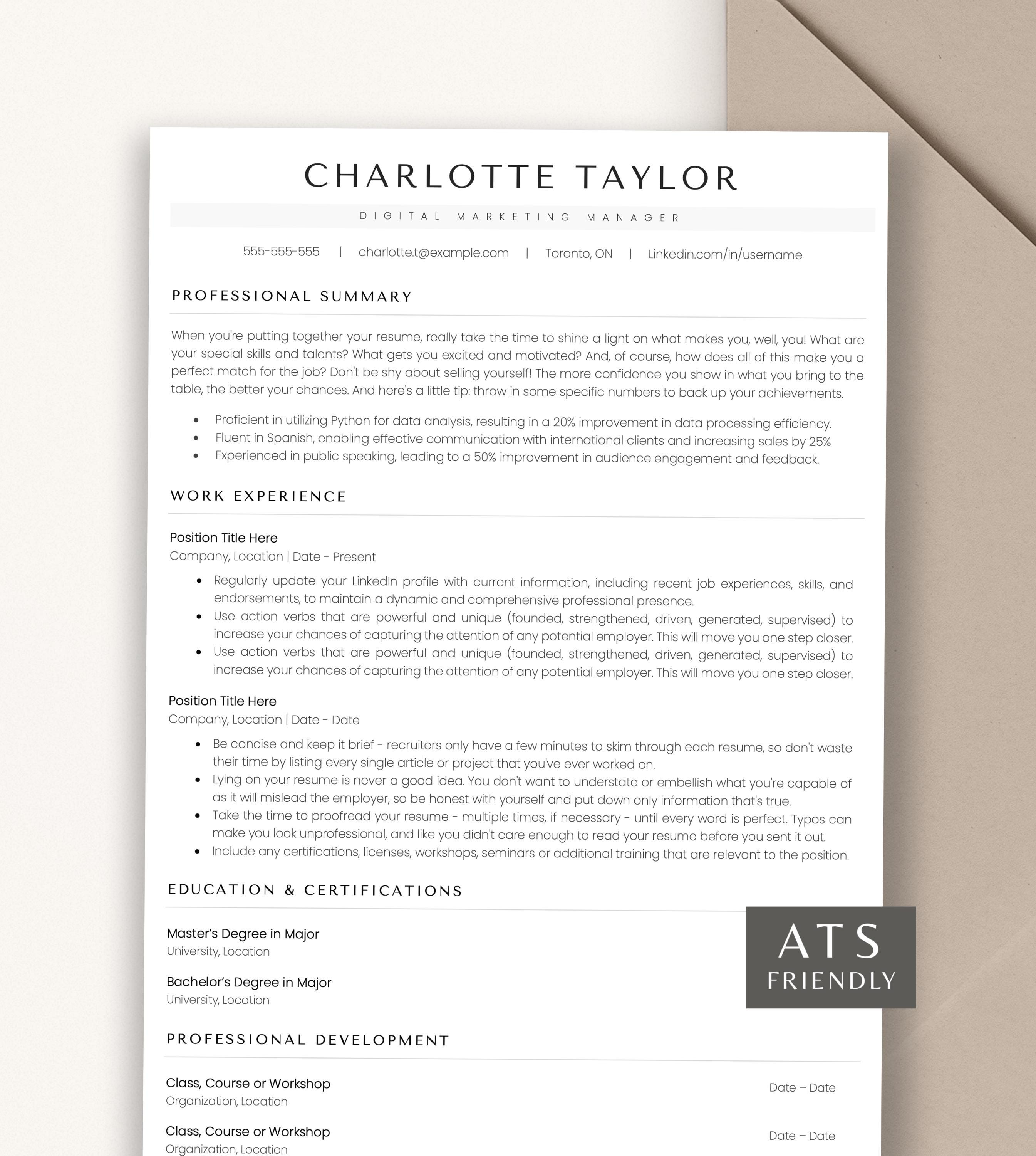 ATS Friendly Resume Template, Minimalist Simple CV Template for Google ...