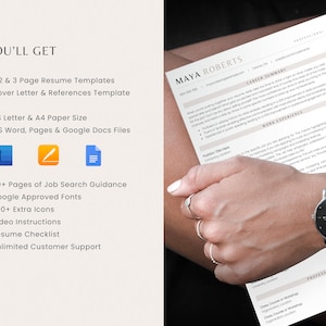 K&ouml;nnte beinhalten: Eine Nahaufnahme eines Lebenslauf-Templates mit dem Text "YOU'LL GET" und einer Liste von Funktionen, darunter 1, 2 & 3 Page Resume Templates, Cover Letter & References Template, US Letter & A4 Paper Size, MS Word, Pages & Google Docs Files, 50+ Pages of Job Search Guidance, Google Approved Fonts, 200+ Extra Icons, Video Instructions, Resume Checklist und Unlimited Customer Support. Das Lebenslauf-Template wird von einer Person gehalten, die eine silberne Uhr tr&auml;gt.