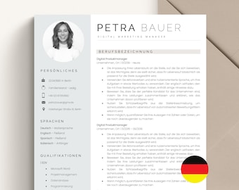 May include: A resume for a Digital Marketing Manager named Petra Bauer. The resume includes personal information, language skills, qualifications, and work experience. The resume is formatted with a black and white color scheme and a simple design.