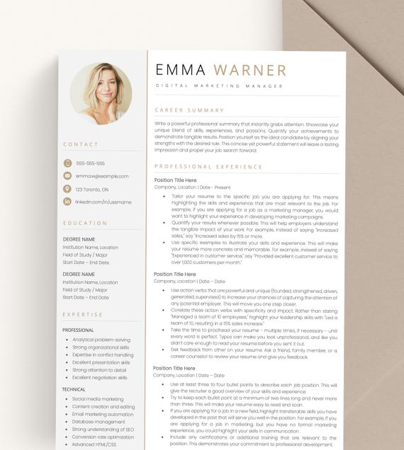 Professional Resume Template with Photo for Word, Apple Pages & Google Docs, Modern CV Template