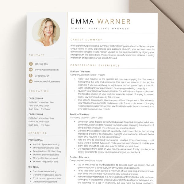 Professional Resume Template with Photo for Word, Apple Pages & Google Docs, Modern CV Template