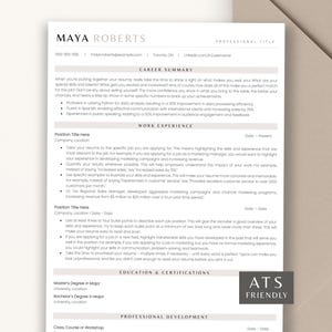 May include: A resume template with the title 'MAYA ROBERTS' at the top. The resume has a light gray background and black text. The resume includes sections for career summary, work experience, and position title. The resume also includes a section for ATS friendly tips.