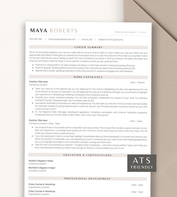 Professional ATS Resume Template, Minimalist CV Template for Google Docs, MS Word, Apple Pages
