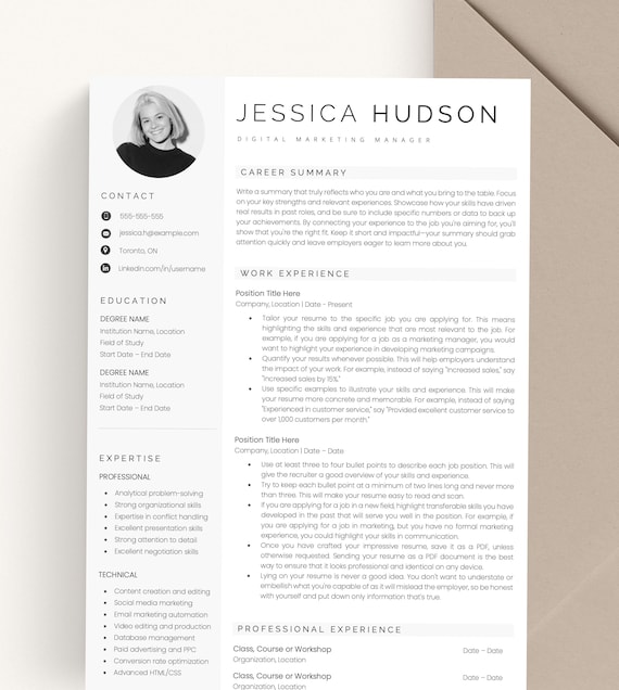 Professional Resume Template with Photo, Modern CV Template for Google Docs, Word, Apple Pages