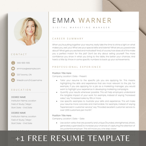 Resume Template with Photo, Professional Resume Template for Word & Pages, Clean CV Template with Picture, Resume and Cover Letter Template