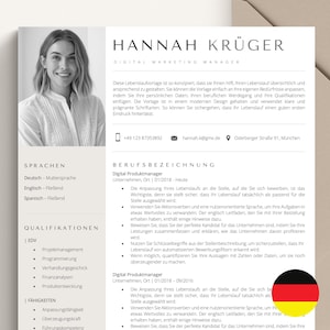 Peut inclure: Photographie en noir et blanc d'une femme aux cheveux courts souriant. La photo est sur un CV avec le texte "Hannah Kruger, Digital Marketing Manager" en haut. Le CV liste ses compétences et son expérience en allemand.