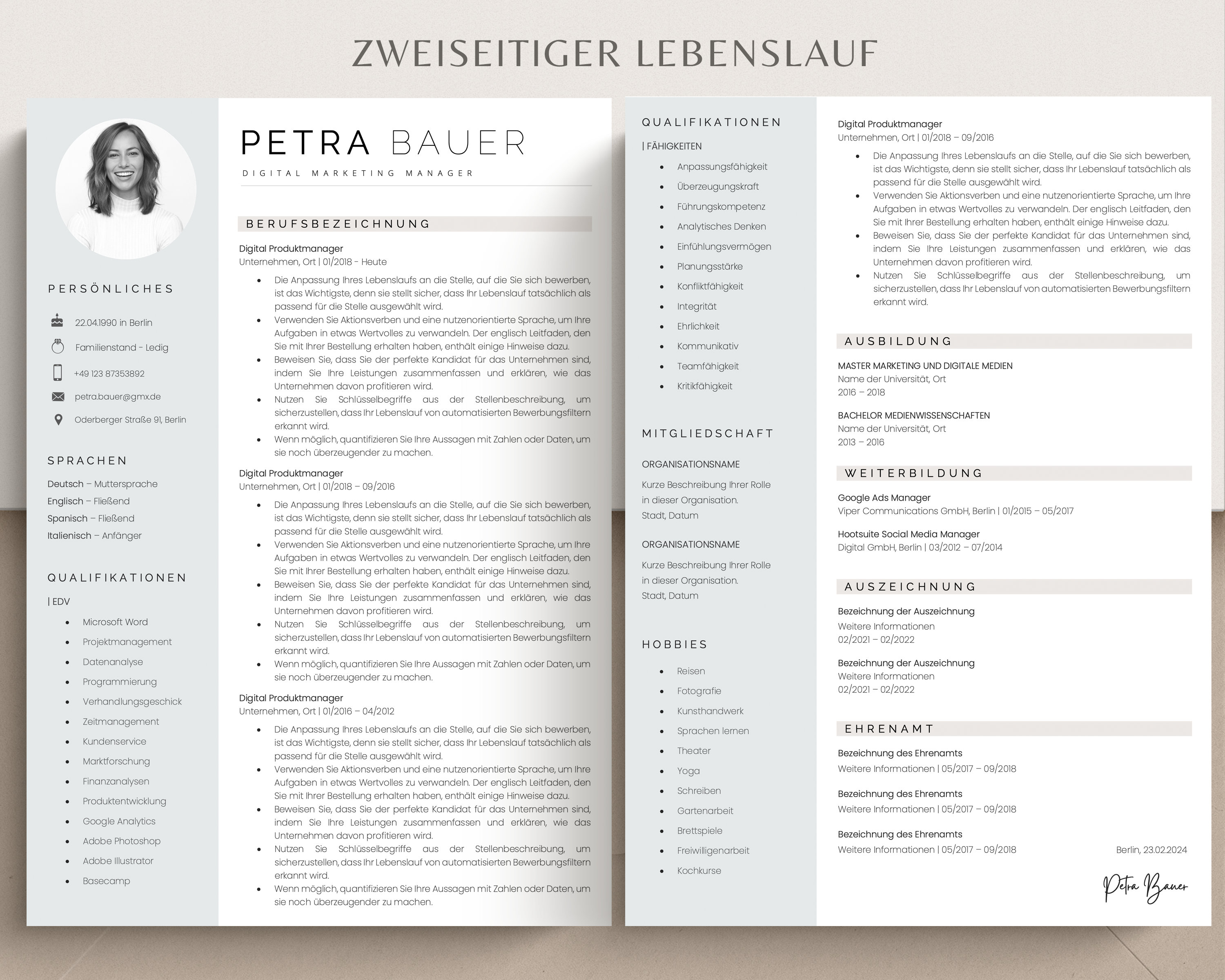 Modern German Resume Template With Photo for Apple Pages & MS Word ...