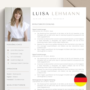Może przedstawiać: Szablon CV z profesjonalnym zdjęciem kobiety. CV jest w języku niemieckim i zawiera informacje osobiste, doświadczenie zawodowe, umiejętności i języki. Tekst "LUISA LEHMANN SENIOR DIGITAL MANAGER" znajduje się na górze strony.