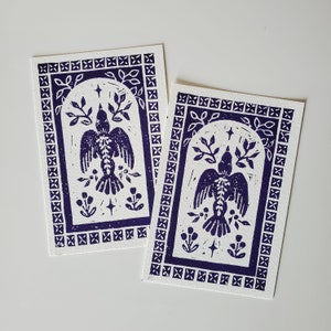 Impressão linogravura original de pomba em vôo